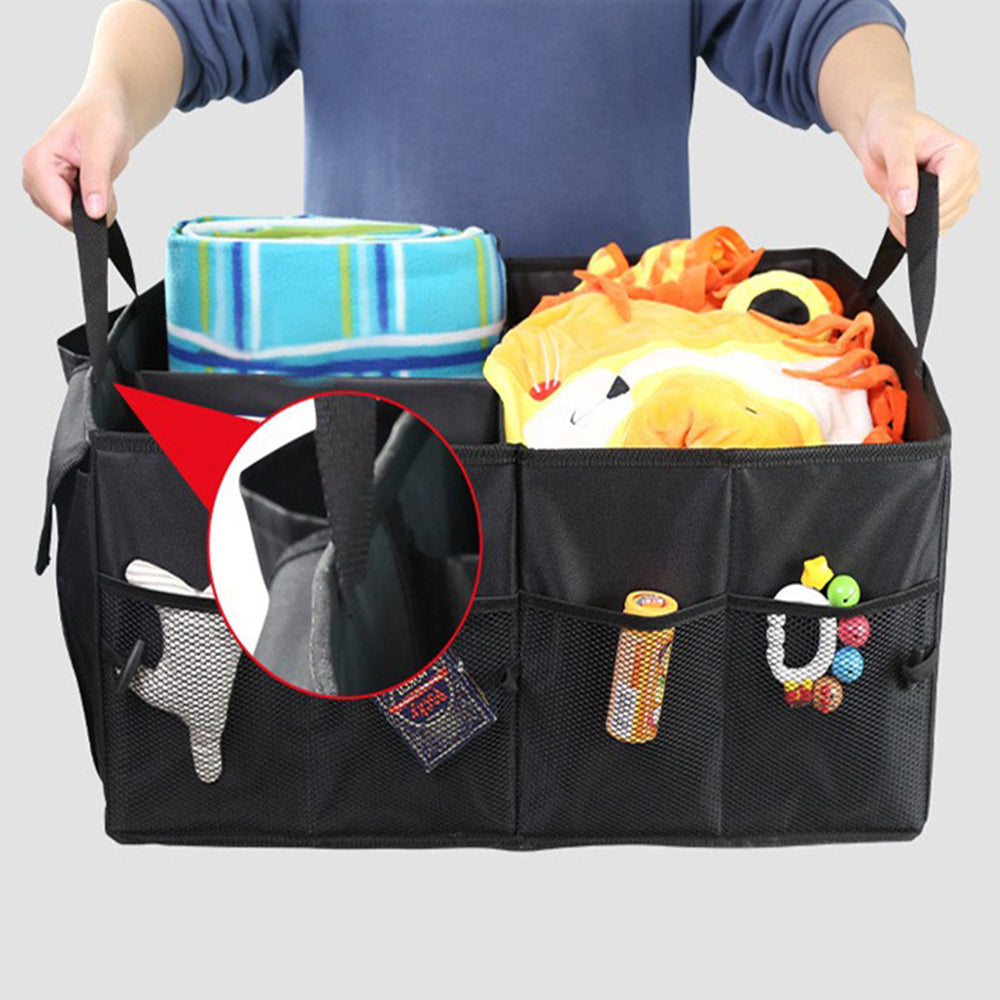 Foldable Car Trunk Organizer with Handles and 3 Compartments Black
