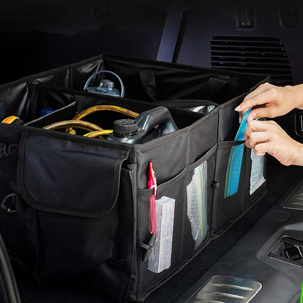 Foldable Car Trunk Organizer with Handles and 3 Compartments Black