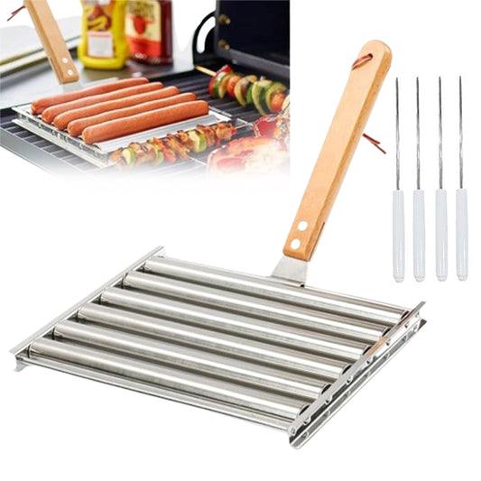 Stainless Steel Rack Hot Dog Roller Grill with Wooden Handle and 4 BBQ Skewers