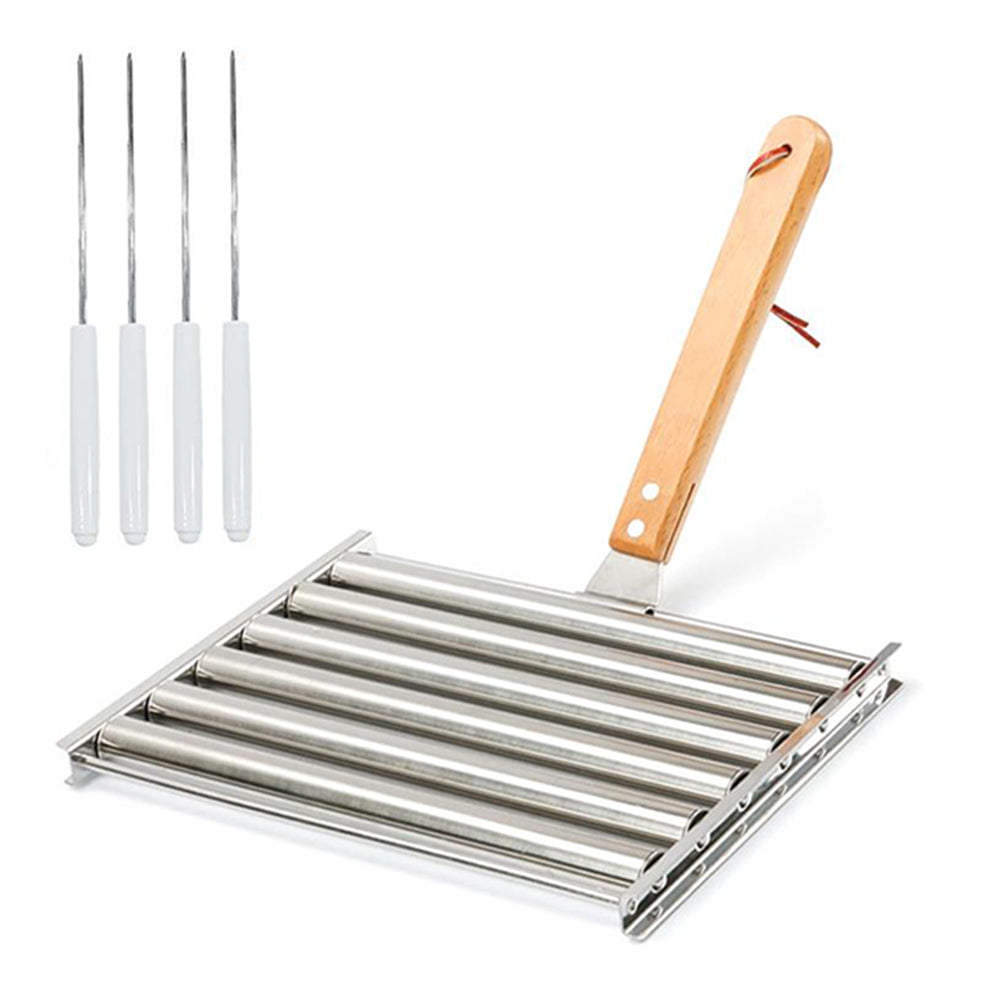 Stainless Steel Rack Hot Dog Roller Grill with Wooden Handle and 4 BBQ Skewers