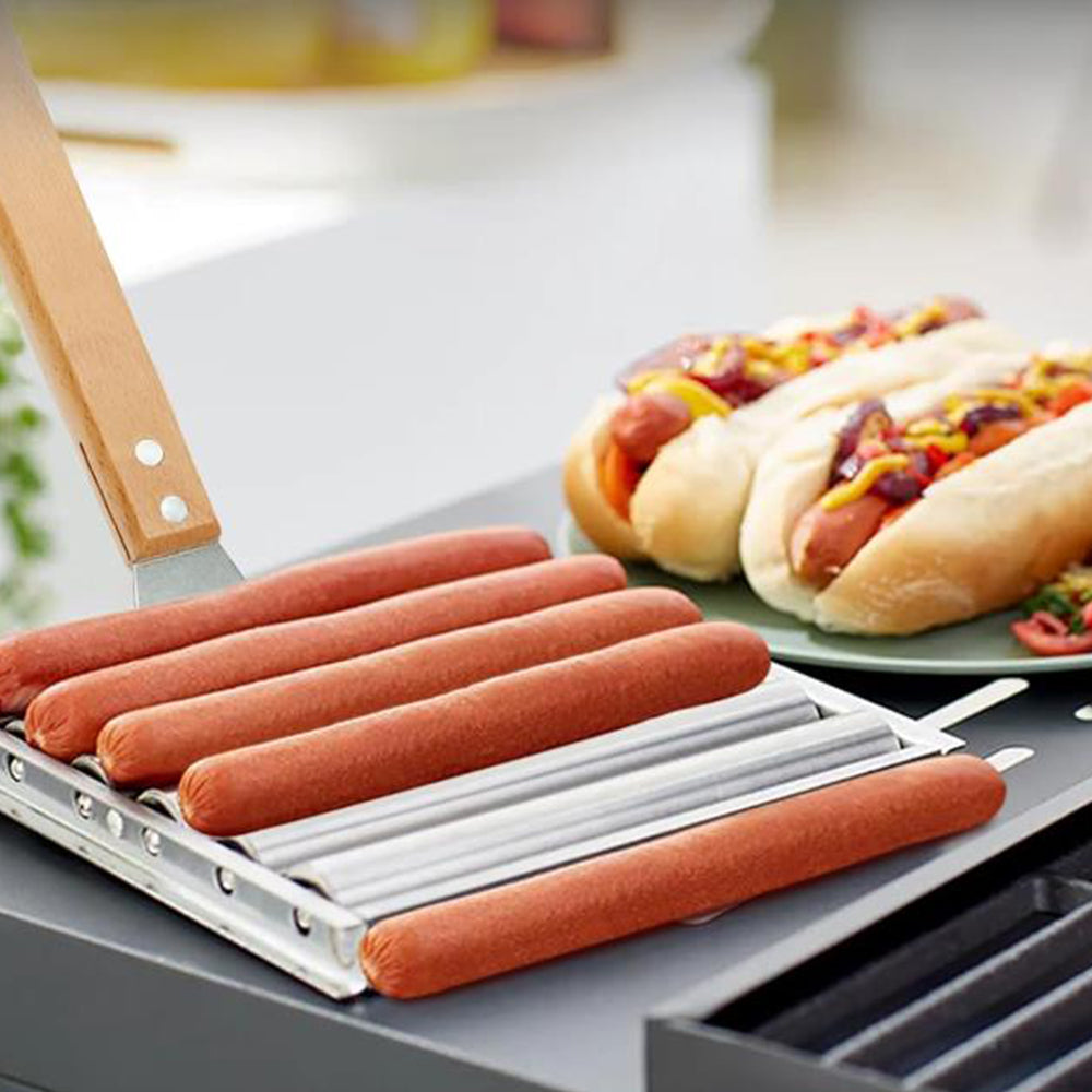 Stainless Steel Rack Hot Dog Roller Grill with Wooden Handle and 4 BBQ Skewers