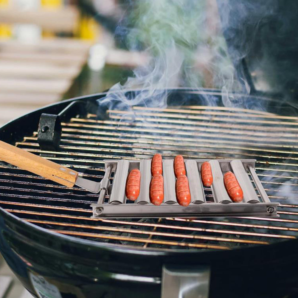 Stainless Steel Rack Hot Dog Roller Grill with Wooden Handle and 4 BBQ Skewers
