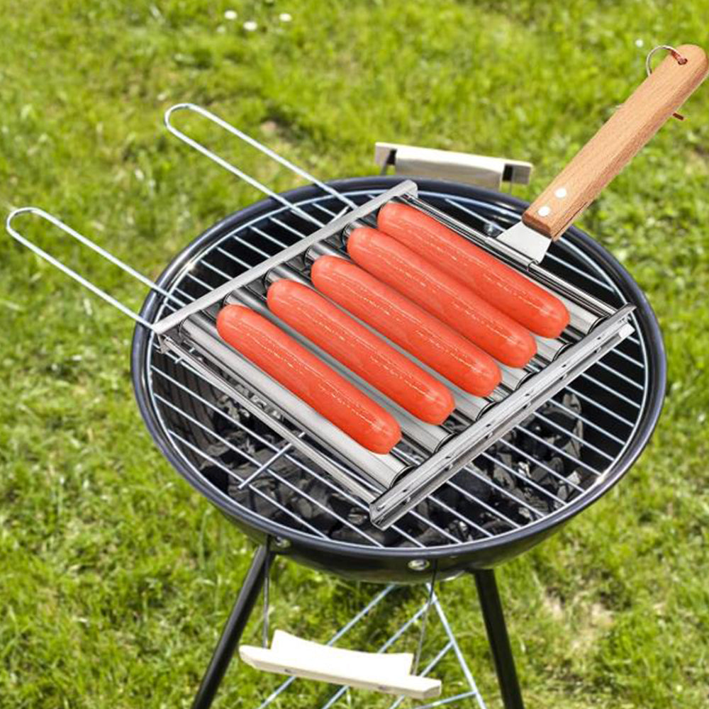 Stainless Steel Rack Hot Dog Roller Grill with Wooden Handle and 4 BBQ Skewers