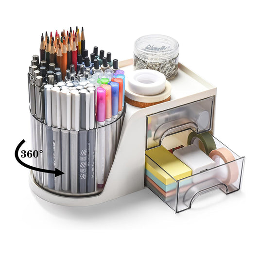 Rotating Desk Organizer with 2 Drawer Multi-Functional Pen Holder for Desk