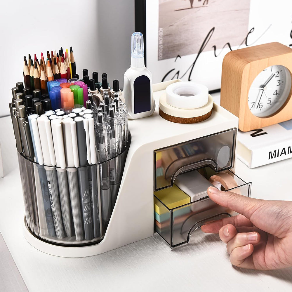 Rotating Desk Organizer with 2 Drawer Multi-Functional Pen Holder for Desk