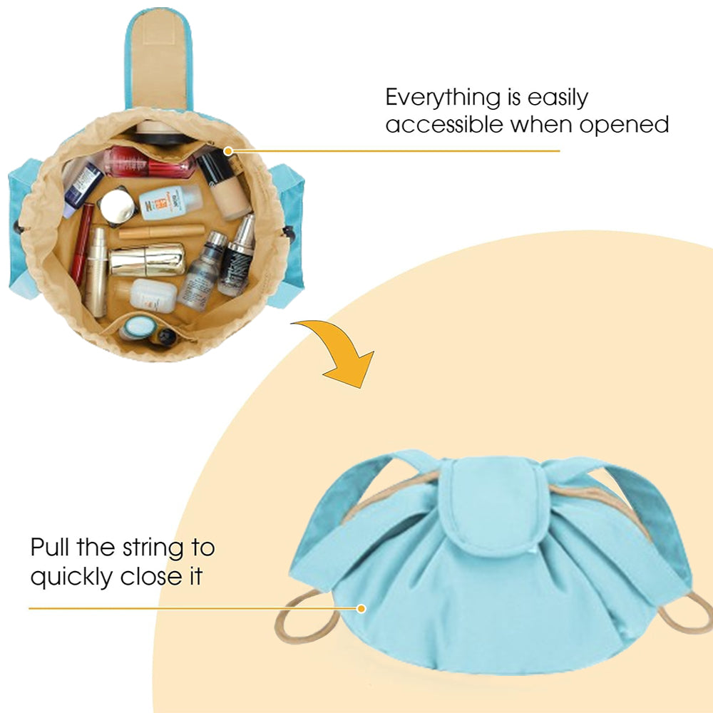 Large Barrel Drawstring Makeup Bag Travel Cosmetic Bag for Women Blue