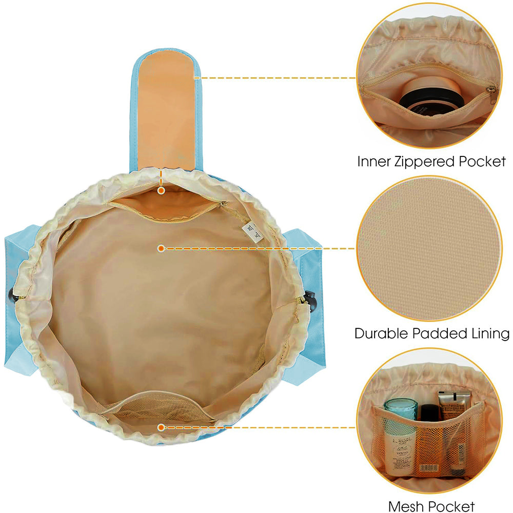 Large Barrel Drawstring Makeup Bag Travel Cosmetic Bag for Women Blue