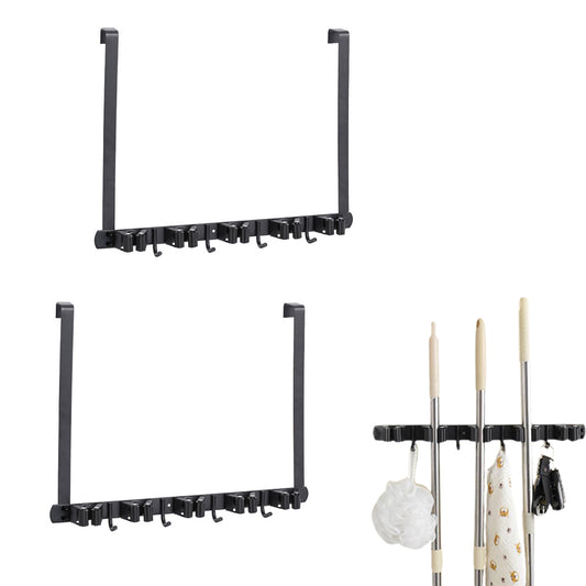 2Pcs Wall Mounted Mop Holder Broom Hanger Over The Door Storage Rack with Hook
