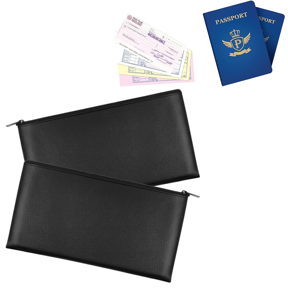 2Pcs PU Bank Deposit Money Bags with Zipper Security Cash Pouch Organizer Black
