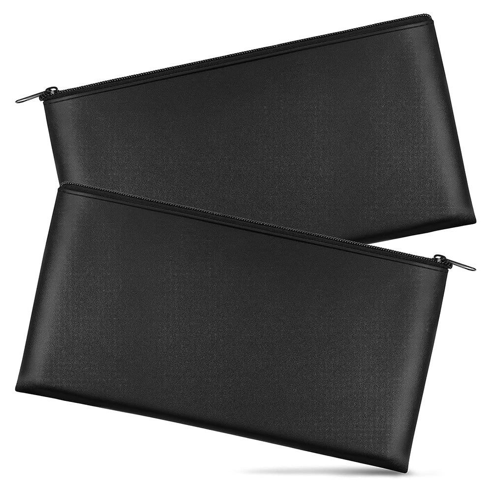 2Pcs PU Bank Deposit Money Bags with Zipper Security Cash Pouch Organizer Black