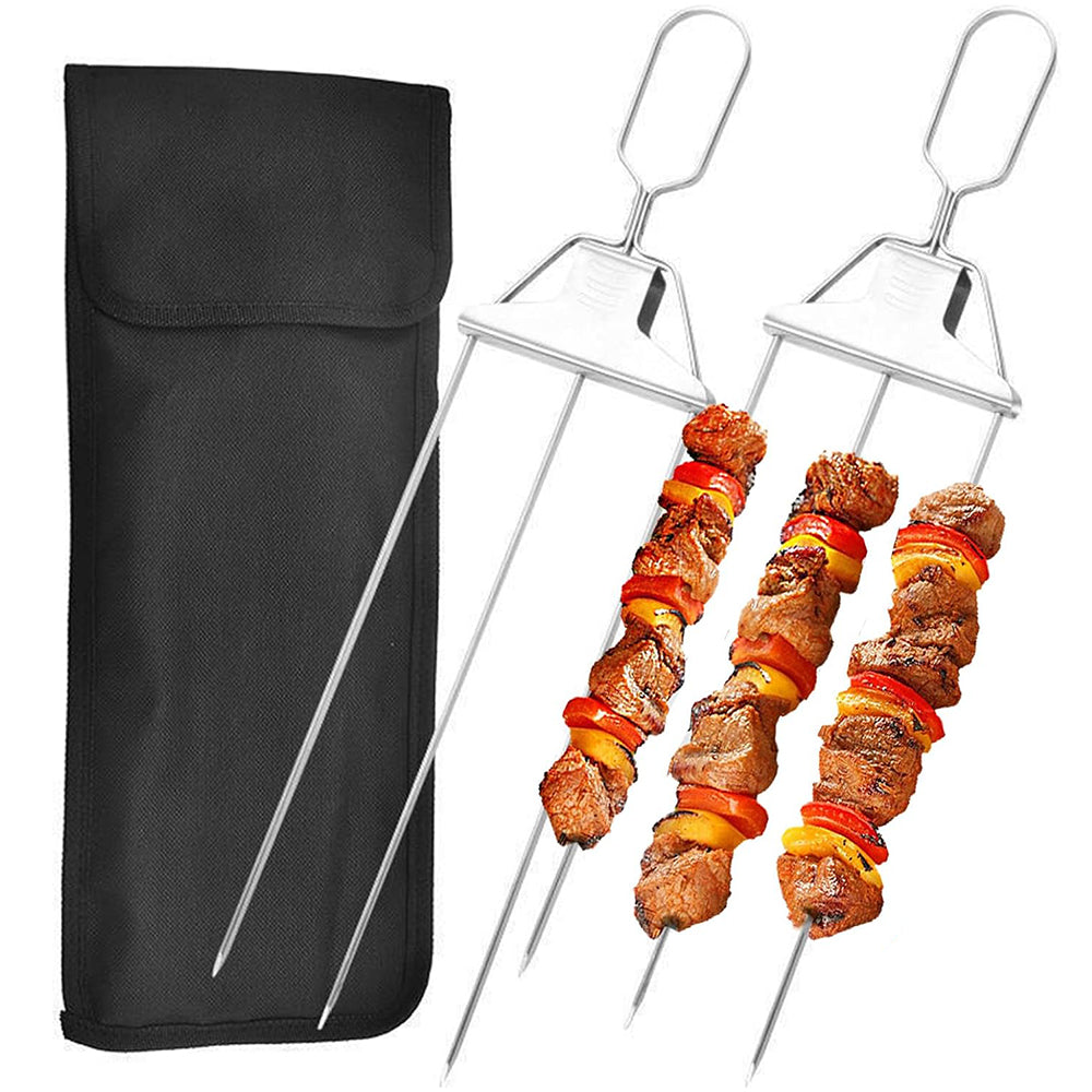 2Pcs 3-Prong Grill Skewer Stainless Steel Grilling Sticks BBQ Kebab Accessory