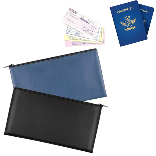 2Pcs PU Bank Deposit Money Bags with Zipper Security Cash Pouch Black Navy