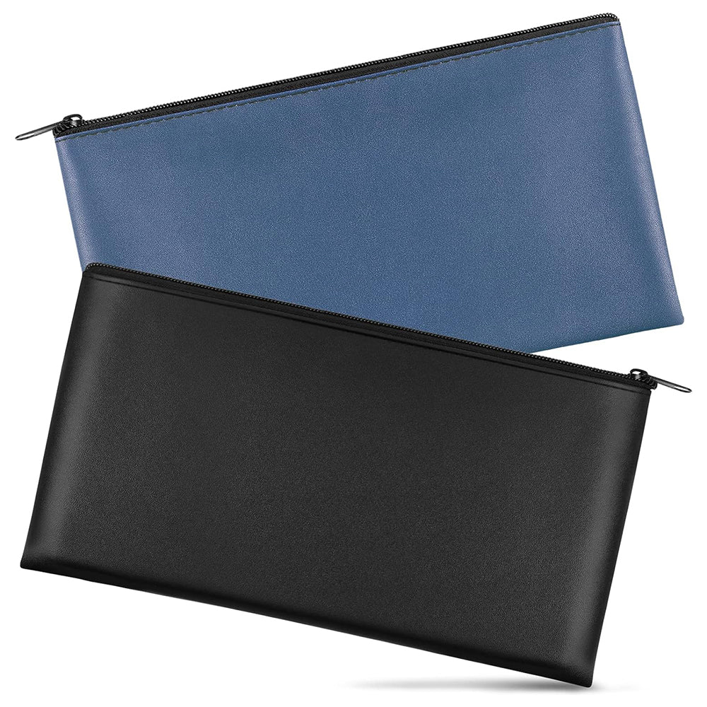 2Pcs PU Bank Deposit Money Bags with Zipper Security Cash Pouch Black Navy