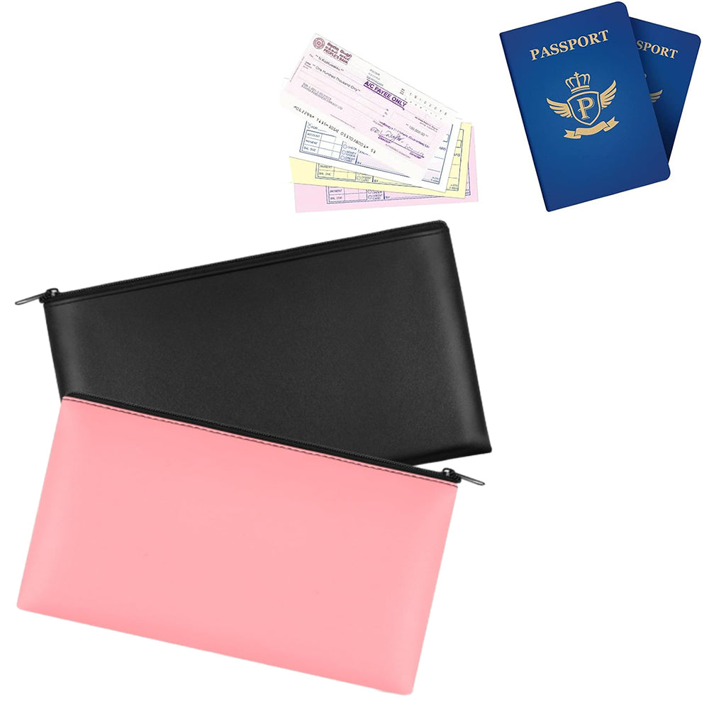 2Pcs PU Bank Deposit Money Bags with Zipper Security Cash Pouch Black Pink