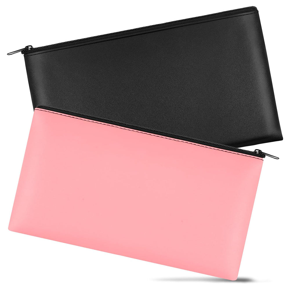 2Pcs PU Bank Deposit Money Bags with Zipper Security Cash Pouch Black Pink