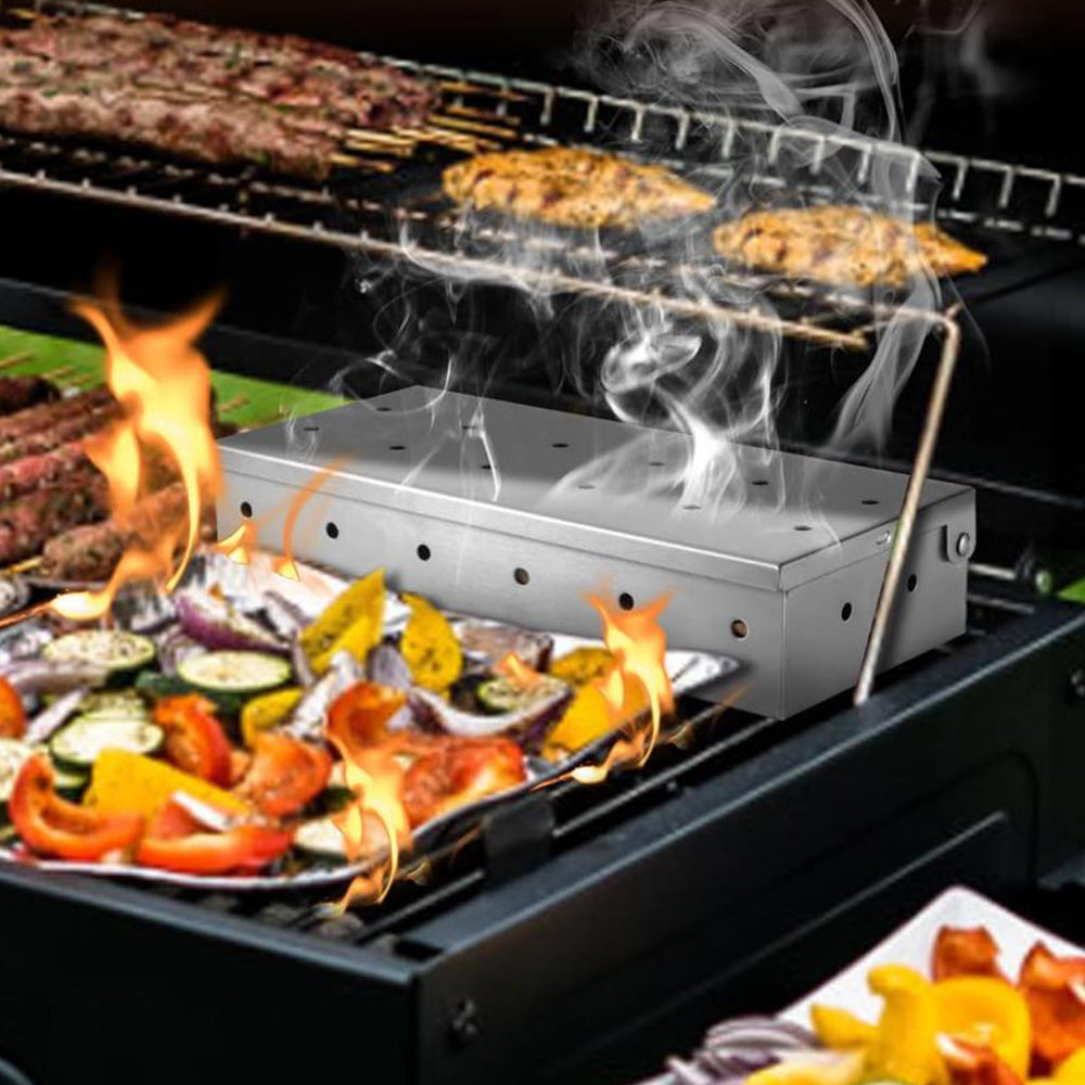 2Pcs Stainless Steel Smoke Box Barbecue Smoking Tray Wood Chip Smoker Grill Tool