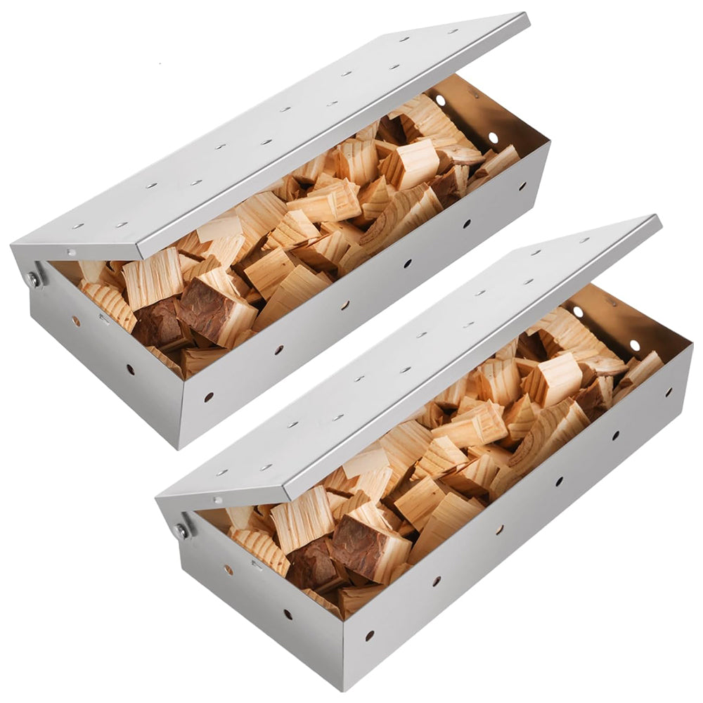 2Pcs Stainless Steel Smoke Box Barbecue Smoking Tray Wood Chip Smoker Grill Tool