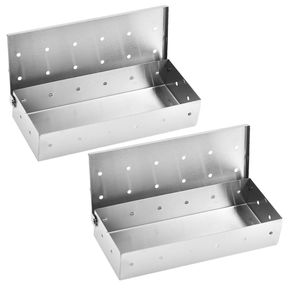 2Pcs Stainless Steel Smoke Box Barbecue Smoking Tray Wood Chip Smoker Grill Tool