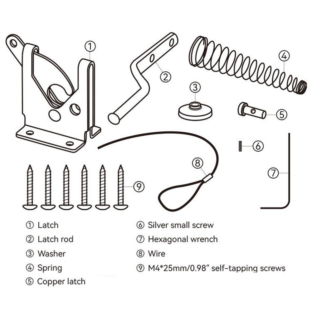 Self-Locking Fence Gate Latch Post Mount with Stainless Steel Spring Cable Pull