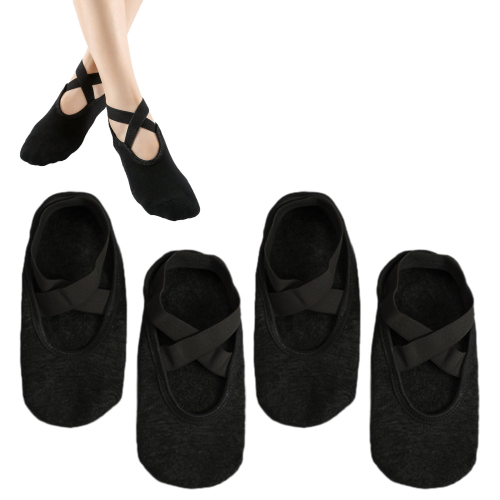 2 Pairs Women Cotton Yoga Socks Non Slip Straps Pilates Ballet Socks Black