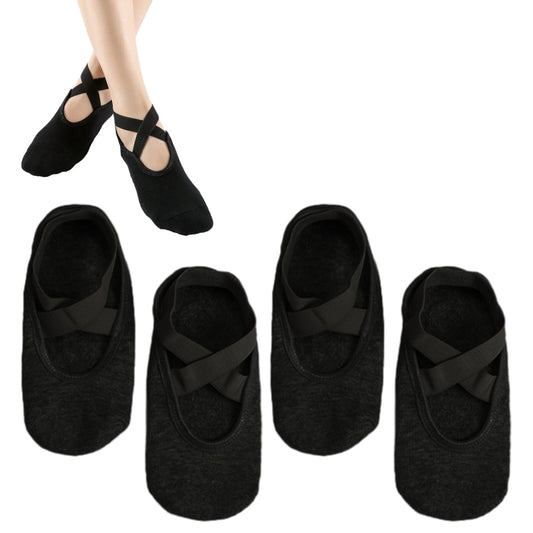 2 Pairs Women Cotton Yoga Socks Non Slip Straps Pilates Ballet Socks Black