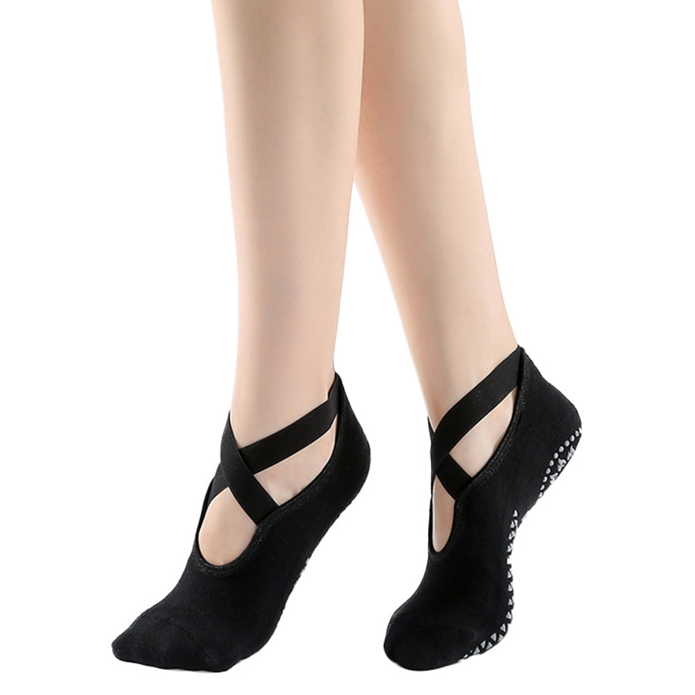 2 Pairs Women Cotton Yoga Socks Non Slip Straps Pilates Ballet Socks Black