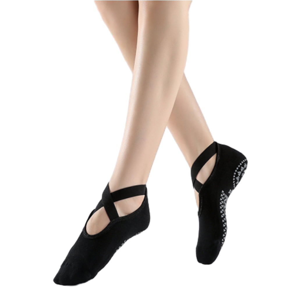 2 Pairs Women Cotton Yoga Socks Non Slip Straps Pilates Ballet Socks Black