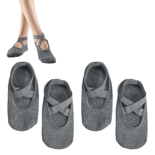 2 Pairs Women Cotton Yoga Socks Non Slip Straps Pilates Ballet Socks Dark Grey