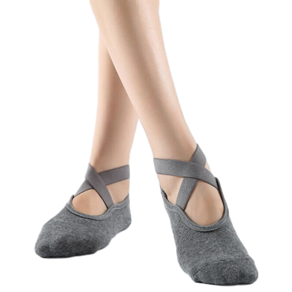 2 Pairs Women Cotton Yoga Socks Non Slip Straps Pilates Ballet Socks Dark Grey