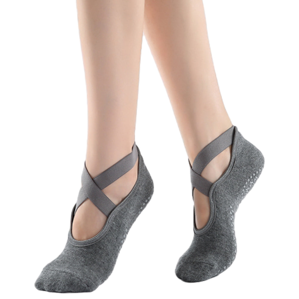 2 Pairs Women Cotton Yoga Socks Non Slip Straps Pilates Ballet Socks Dark Grey