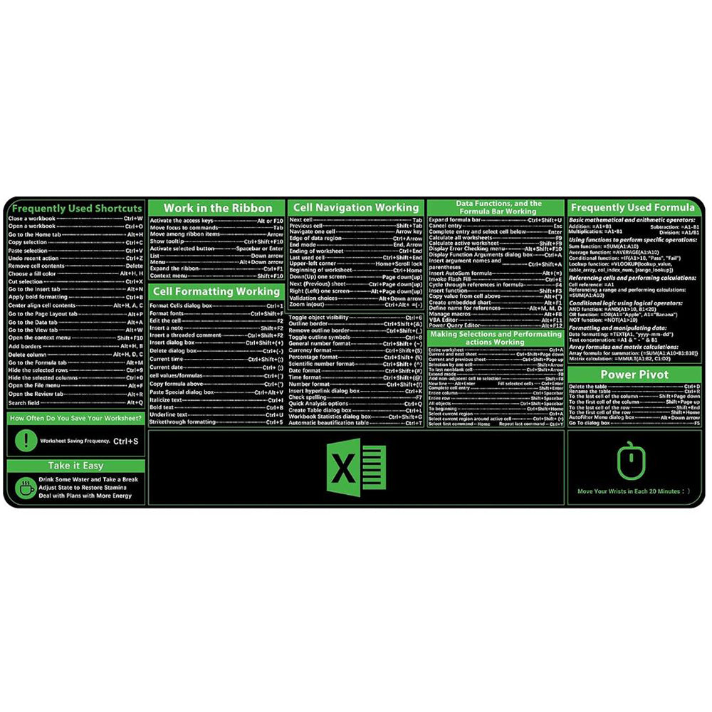 30x80cm Excel Shortcuts Keys Mouse Pad Keyboard Mat Desk Giant Sheet Pad