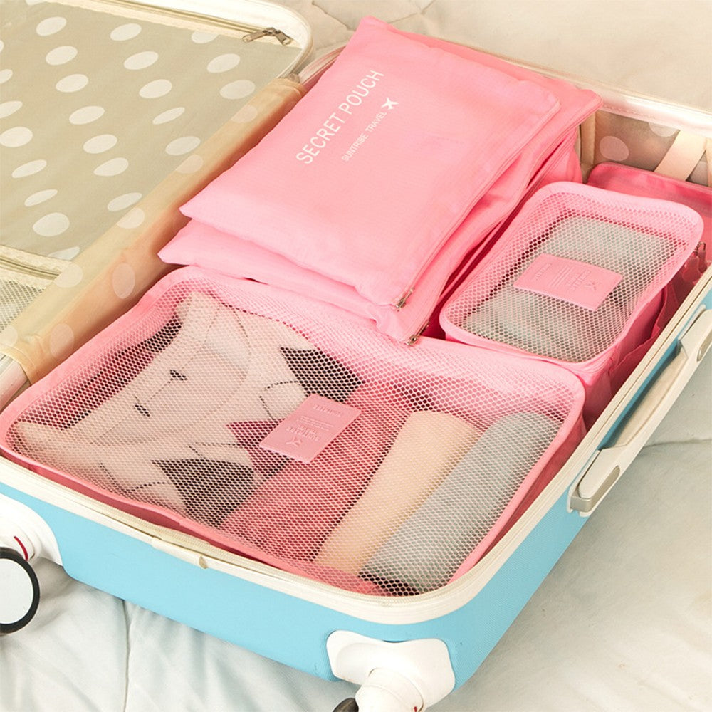 Set of 6Pcs Travel Storage Bags Clothes Pouch Luggage Organizer - Pink