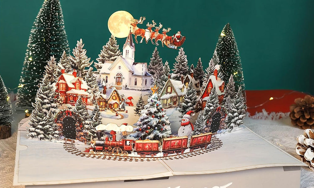 3 PCS 3D Night City Snowman Christmas Greeting Cards with Envelopes