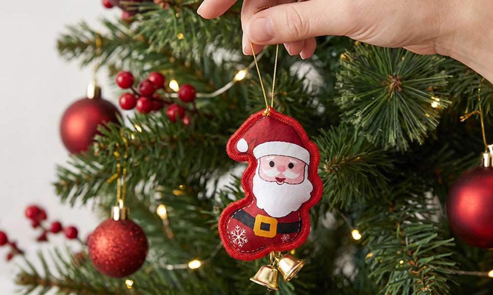 6 PCS Embroidered Padded Christmas Ornaments with Metal Jingle Bells