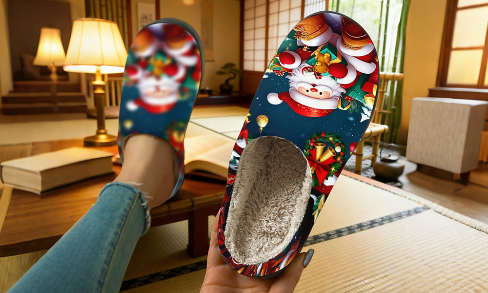 Christmas Print Warm TPR Home Slippers with Non Slip Soles