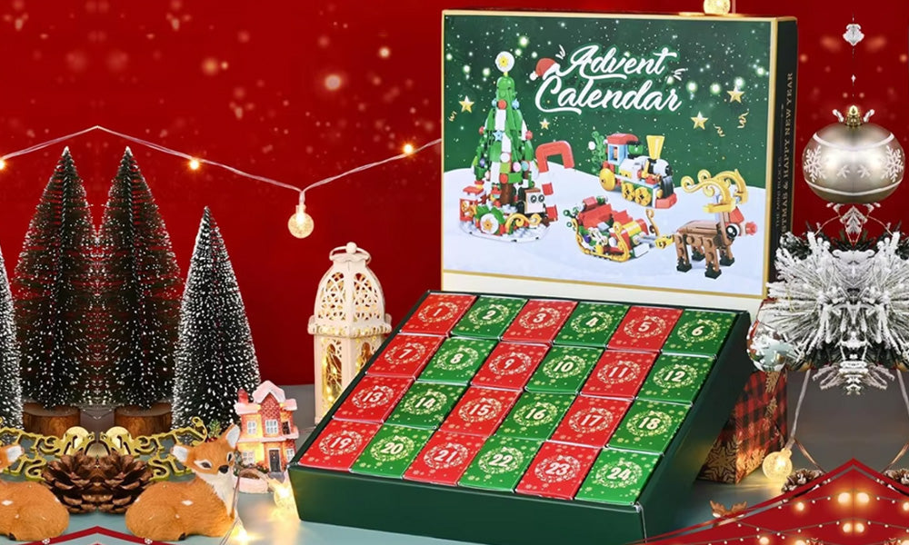 Christmas Advent Calendar Building Blocks for Adults Featuring Tree Reindeer and Sleigh Train