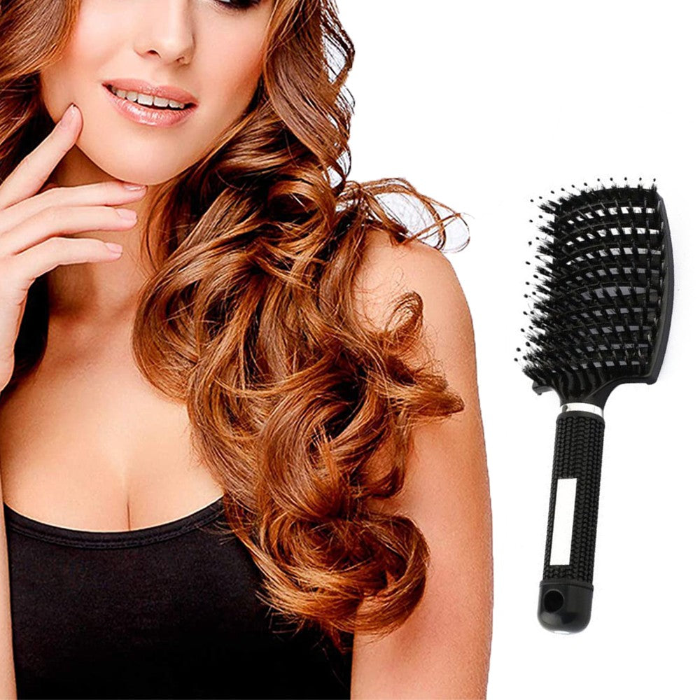 1Pc Boar Bristle Hair Brush Curved Hair Comb for Detangling Tangled Hair - Black