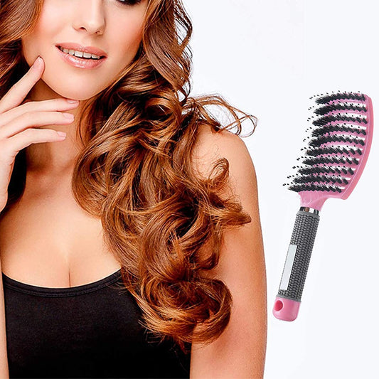 1Pc Boar Bristle Hair Brush Curved Hair Comb for Detangling Tangled Hair - Pink