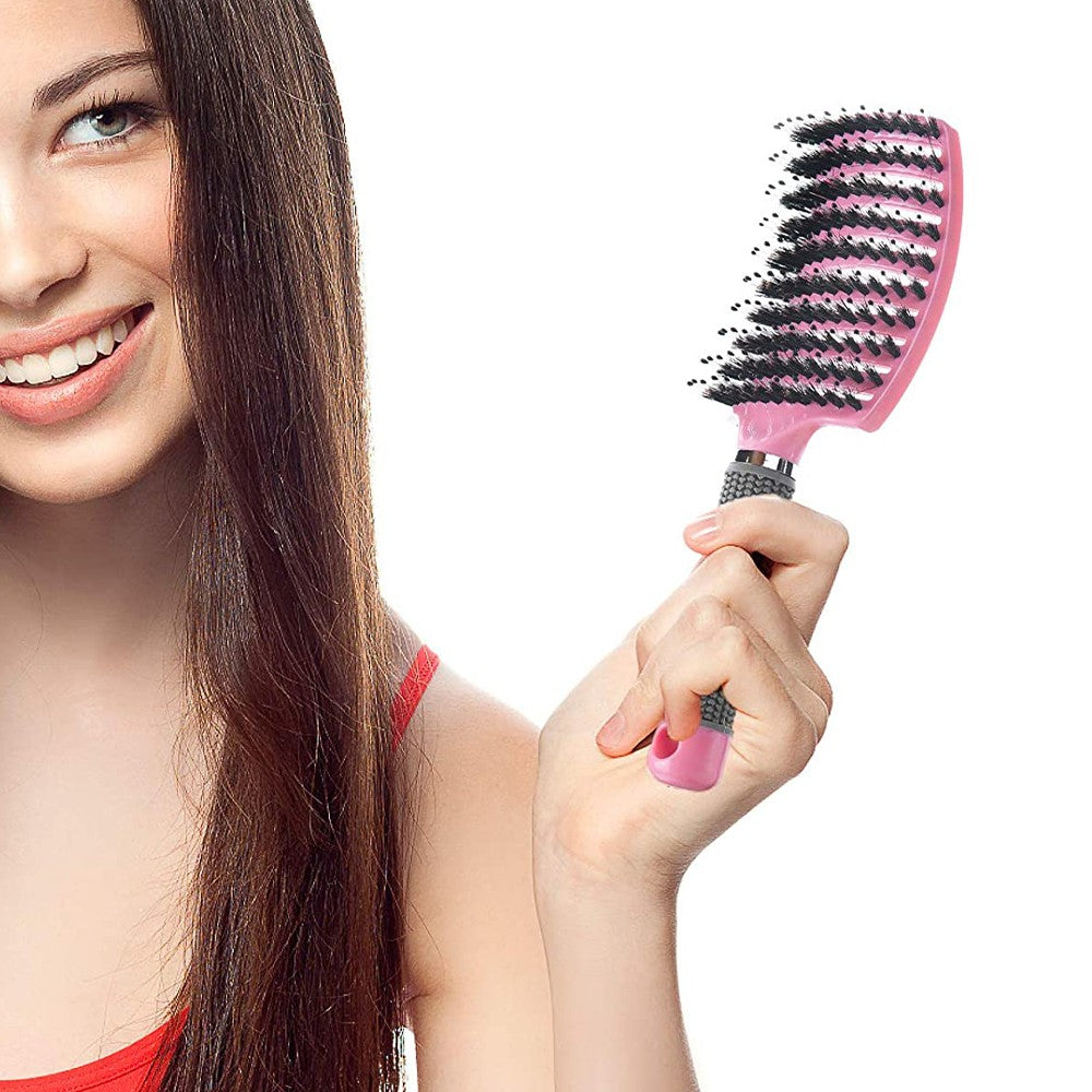 1Pc Boar Bristle Hair Brush Curved Hair Comb for Detangling Tangled Hair - Pink