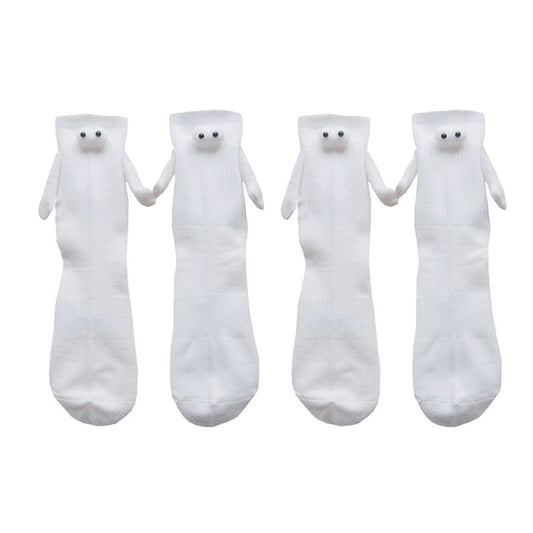 2 Pairs of Funny Couple Socks Magnetic Suction 3D Doll Holding Hands Sock White