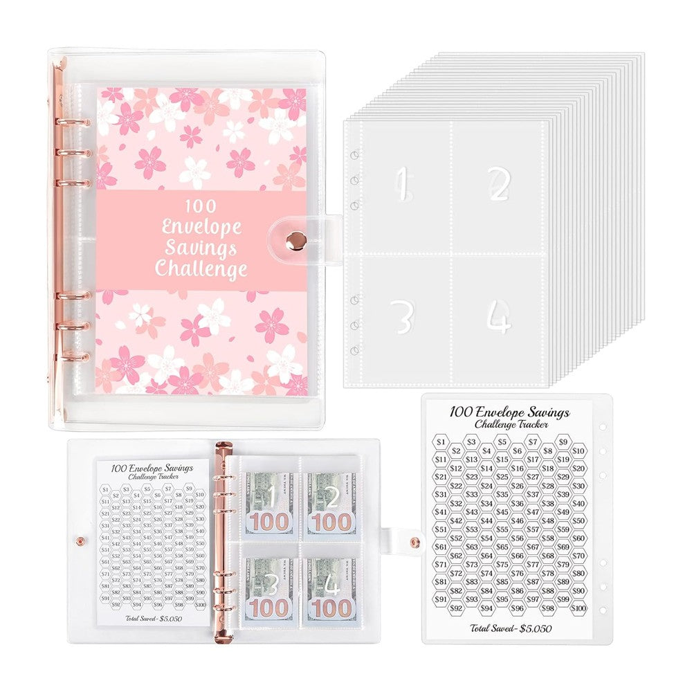 100 Envelopes Money Saving Challenge Binder Budget Planner Book - Pink
