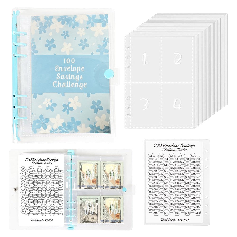 100 Envelopes Money Saving Challenge Binder Budget Planner Book - Blue