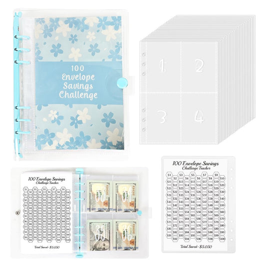 100 Envelopes Money Saving Challenge Binder Budget Planner Book - Blue