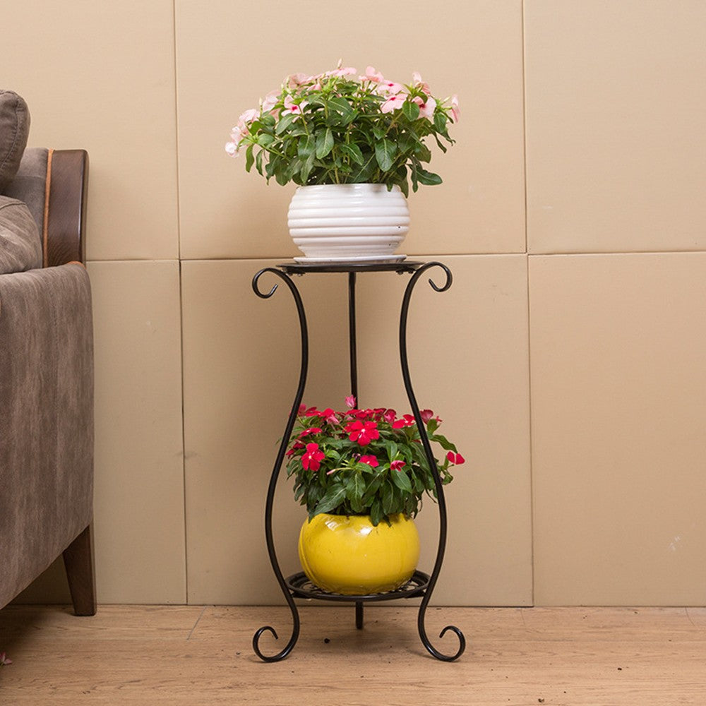 Double-layer Wrought Iron Flower Stand Indoor and Outdoor Plant Rack - Black