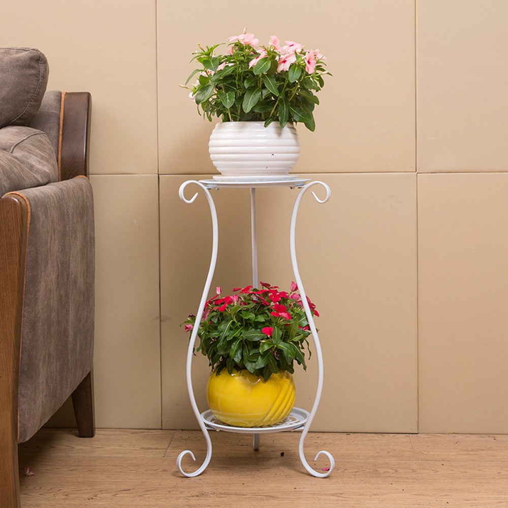 Double-layer Wrought Iron Flower Stand Indoor and Outdoor Plant Rack - White