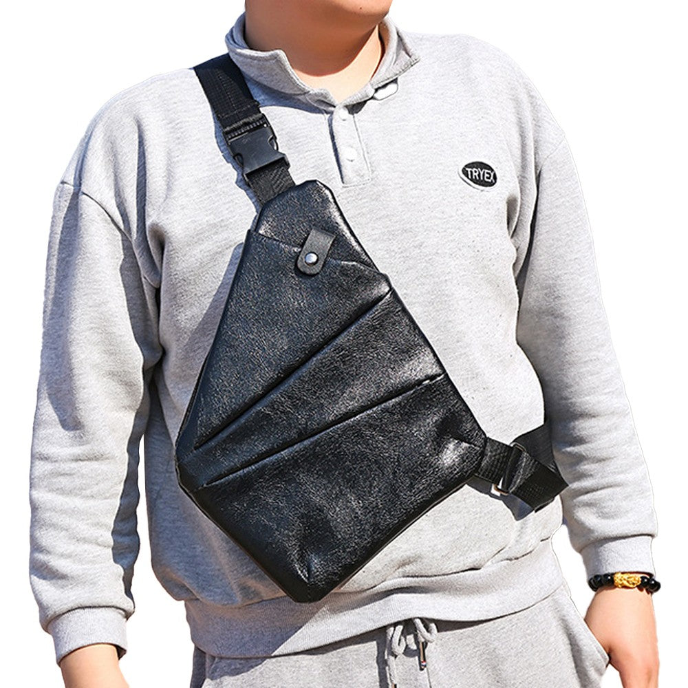 Mens Anti-theft Sling Bag Chest Bag PU Leather Shoulder Crossbody Bag - Black