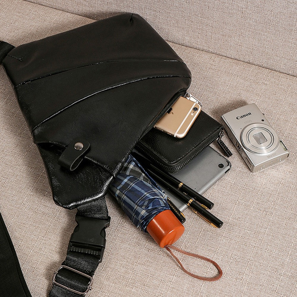 Mens Anti-theft Sling Bag Chest Bag PU Leather Shoulder Crossbody Bag - Black