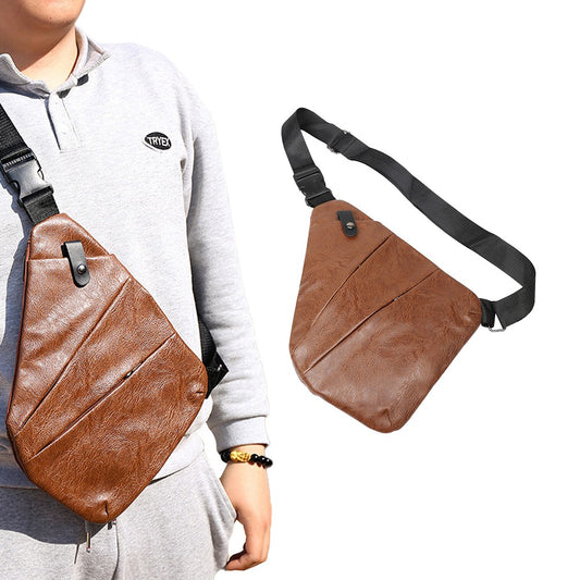 Mens Anti-theft Sling Bag Chest Bag PU Leather Shoulder Crossbody Bag - Brown
