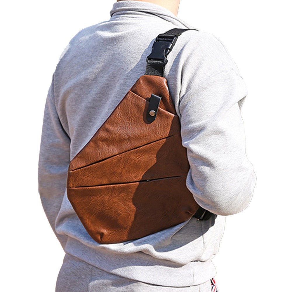 Mens Anti-theft Sling Bag Chest Bag PU Leather Shoulder Crossbody Bag - Brown