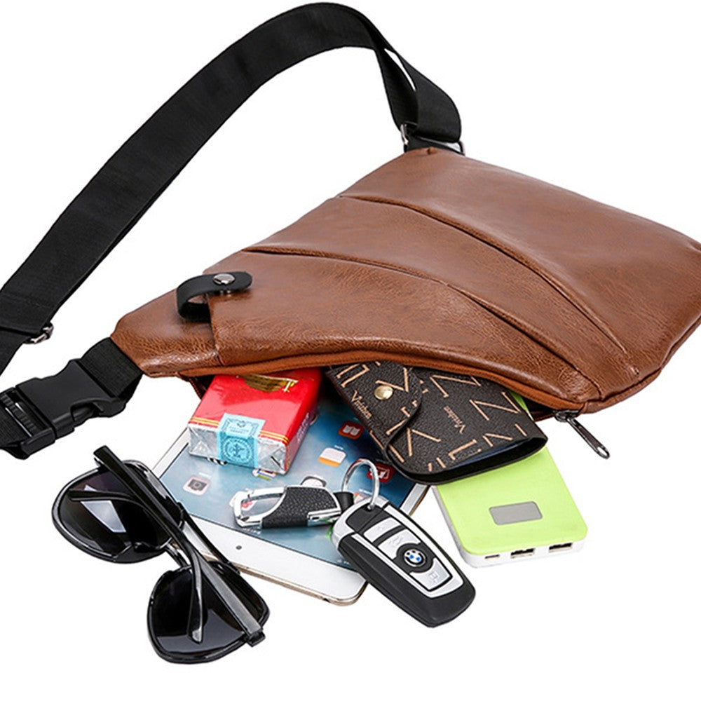 Mens Anti-theft Sling Bag Chest Bag PU Leather Shoulder Crossbody Bag - Brown